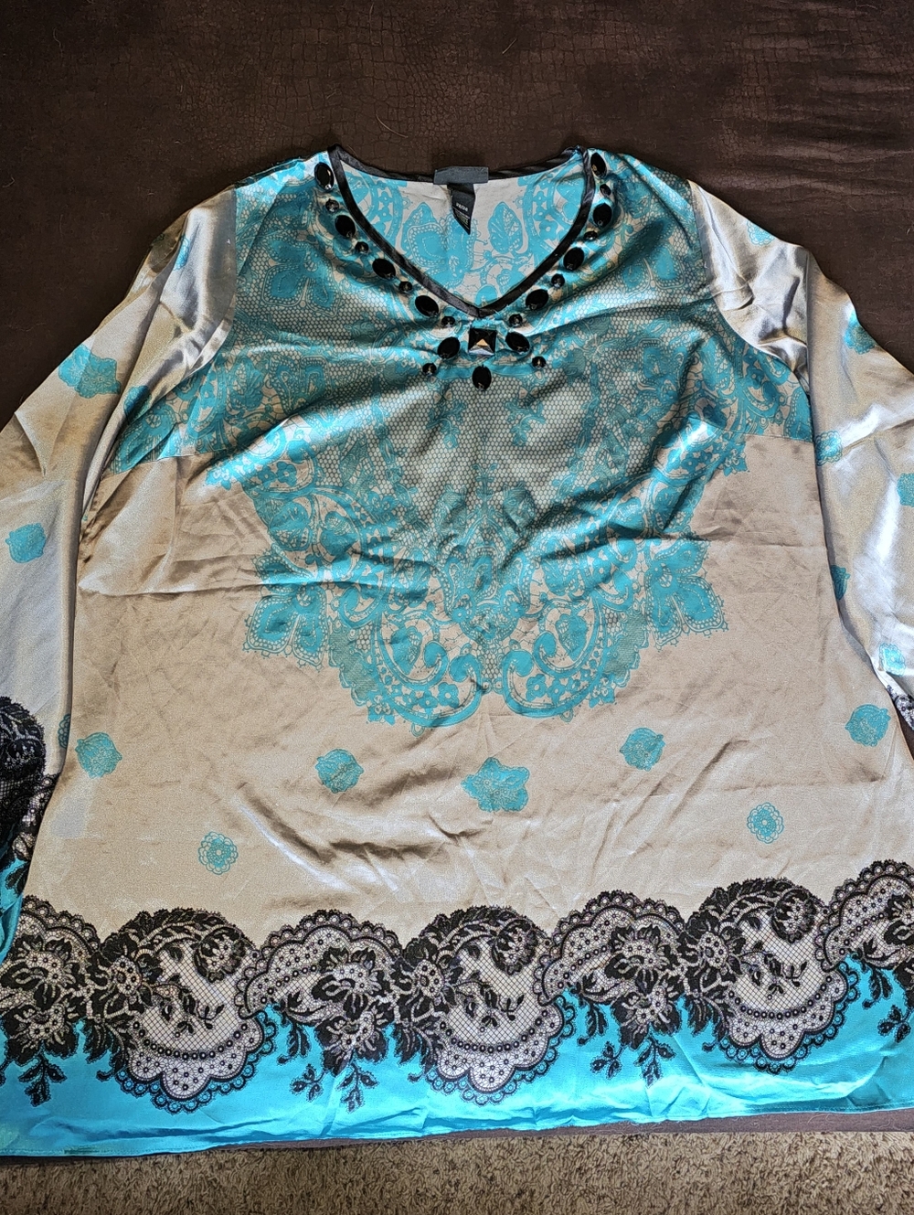 Lane Bryant boho beaded tunic top Teal black lace Swim Cover Up 2x Oversized
